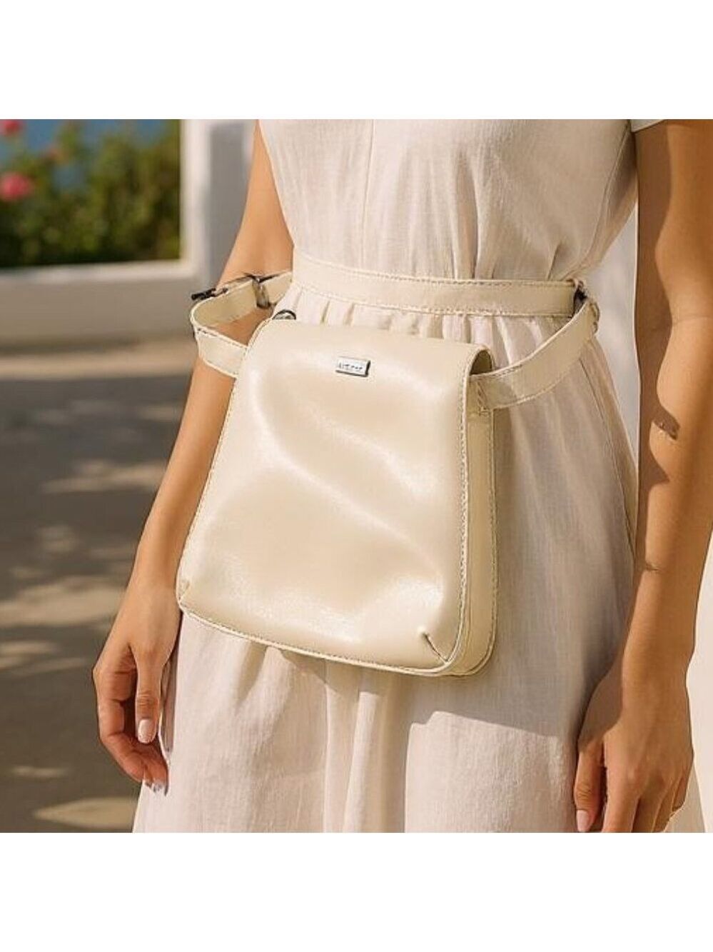 Perlina New York Leather Crossbody Bag | Beige 8"x8" | Soft Minimalist